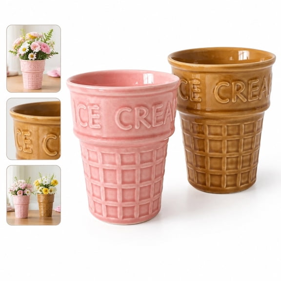 Ice Cream Cone Floral Holder Vase for Fresh Cut Flowers Bouquet Arrangement, Summer Home Garden Party Table Centerpiece Decor