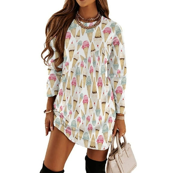 Ice Cream Cone Pattern Loose Dress Evening Dress Summer Dresses for Women Luxury Dress Long Sleeved Dress