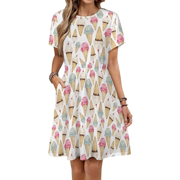 Ice Cream Cone Pattern Sundress Short Sleeve Dress Summer Women Clothes Dress for Women Dresses