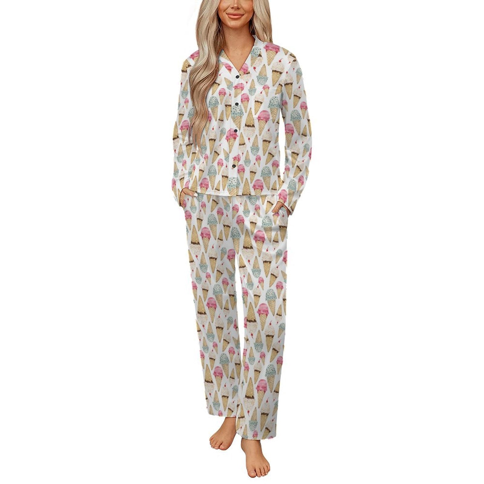 Ice Cream Cone Pattern Womens Pyjamas Set Button Up Pyjamas Womens with ...