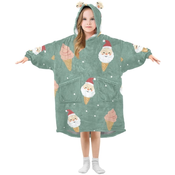 Ice Cream Cone with Christmas Santa Faces Flannel Wearable Blankets Hooded Design Long Sleeves Wrap Unisex for 3T-14Y S