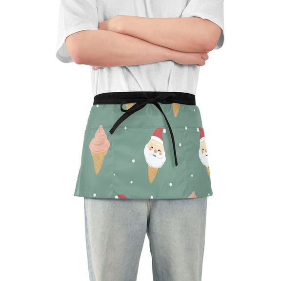 Ice Cream Cone with Christmas Santa Faces Short Server Apron with 3 Pockets for Unisex Chef Gardening