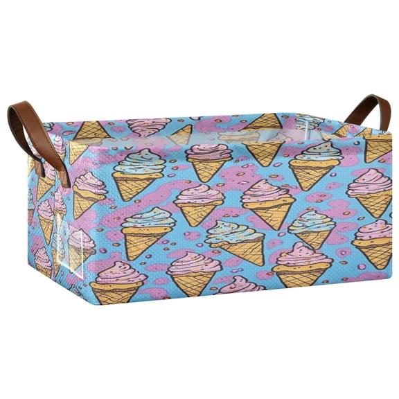 Ice Cream Cones Cartoon Patterns Storage Basket Soccer Plaid Fabric Hoard Box Oversized Collapsible Closet Organizer with Metal Iron Frame 16.911.47.7in