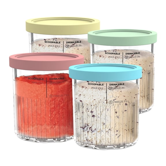 Ice Cream Containers, 4 Pack 24 oz Compatible with Ninja CREAMi Deluxe NC500 NC501 Series, BPA Free Plastic Containers with Lids for Frozen Desserts, Reusable Freezer Safe Pints