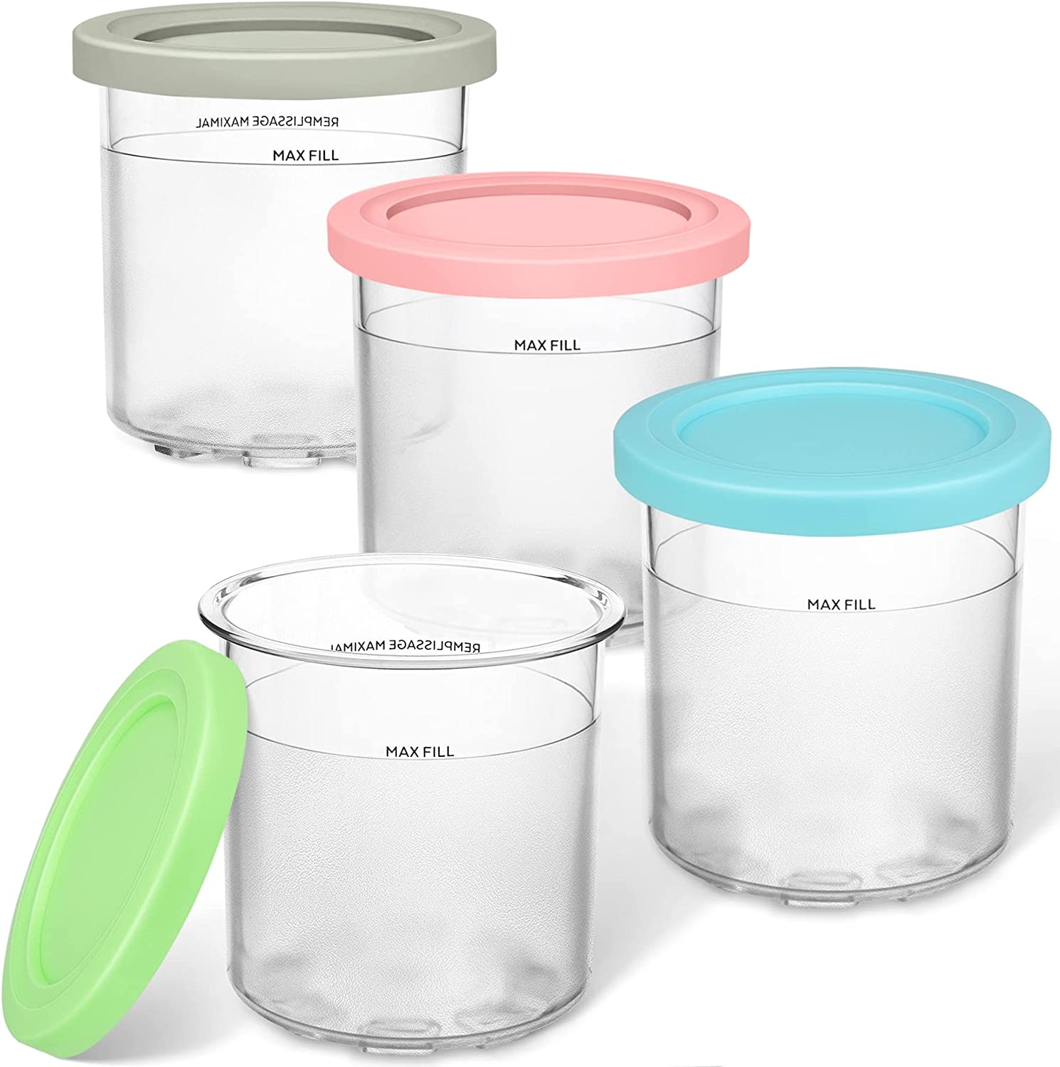 Set de 4 contenedores para helado, compatibles con máquinas de helados Ninja Creami NC299AMZ y serie NC300S, reutilizables, herméticos, tapas gris/azul/rosa/verde