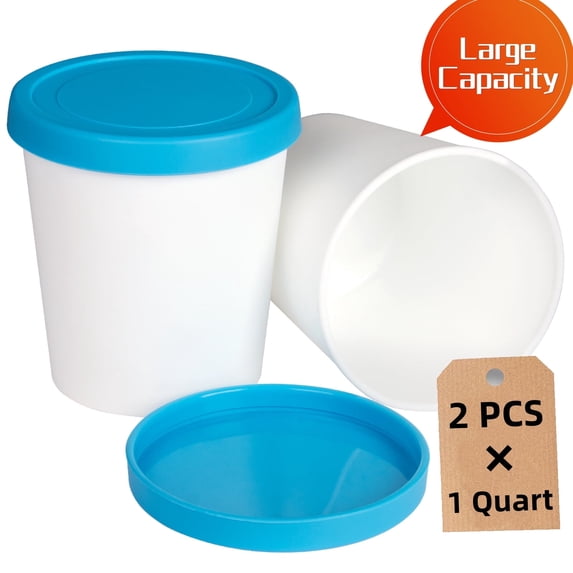 Gamexcel Ice Cream Containers 2 Pack Blue, 1 Quart Each, Reusable Freezer Tubs with Silicone Lids, BPA Free