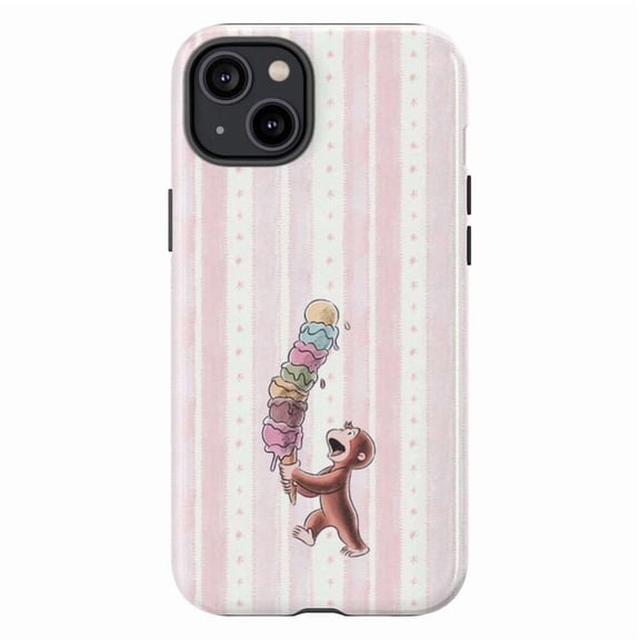 Ice Cream Curious Monkey Phone Case, Cute Curious Monkey with Ice Cream Stack, Fun Artistic Protective Case for iPhone 17 16 15 14 13 12 11 Pro Plus Mini
