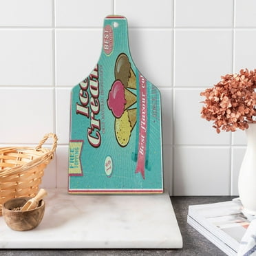 Ice Cream Cutting Board, Best Flavor Words with Free Topping Design Illustration, Decorative Tempered Glass Cutting and Serving Board, Wine Bottle Shape, Seafoam Pink Pale Yellow, by Ambesonne