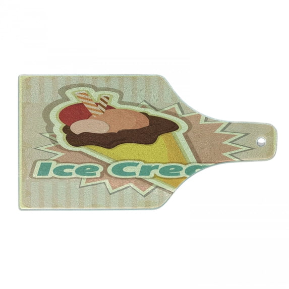 Ice Cream Cutting Board, Vintage Ice Cream Pattern in Funky Tones with Retro Style Effects Illustration, Tempered Glass Cutting and Serving Board, Wine Bottle Shape, Multicolor, by Ambesonne