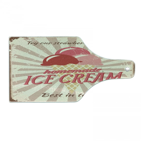 Ice Cream Cutting Board, Vintage Style Sign Homemade Dessert Best in Town Words Print, Decorative Tempered Glass Cutting and Serving Board, Wine Bottle Shape, Coral Cream Red, by Ambesonne