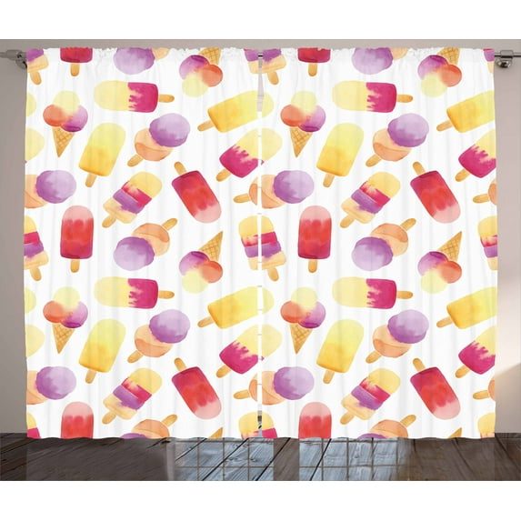 Ambesonne Ice Cream Curtains 2 Panel Set, Watercolor Cone, 108" x 90", Multicolor