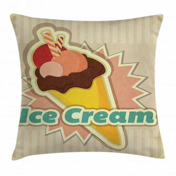 Ice Cream Decor Throw Pillow Cushion Cover, Vintage Ice Cream Pattern in Funky Tones with Retro Effects Illustration, Decorative Square Accent Pillow Case, 16 X 16 Inches, Multicolor, by Ambesonne