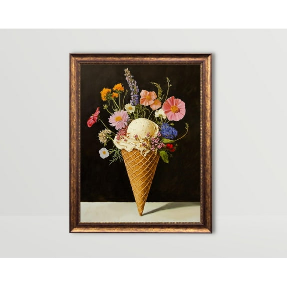 Ice Cream, Dessert Wall Art, Gelato Art Poster, Fun Kitchen Decor, Moody Colorful Flowers Trendy Cafe Poster, Floral Ice Cream Cone, Stretched Canvas Size 12x18