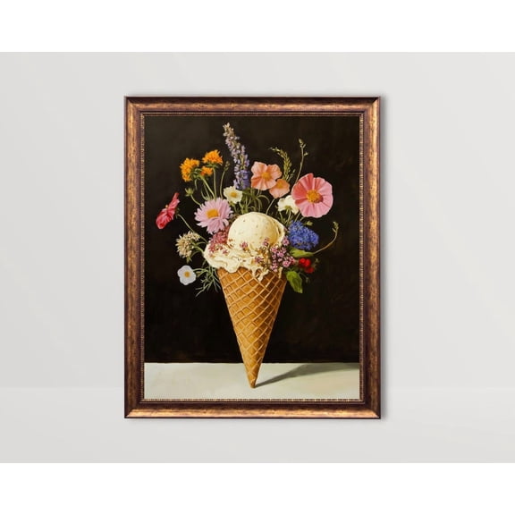 Ice Cream, Dessert Wall Art, Gelato Art Print, Fun Kitchen Decor, Moody Colorful Flowers Trendy Cafe Poster, Floral Ice Cream Cone, Unframed Poster Size 8x12