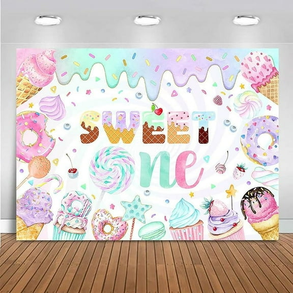 Ice Cream Donut Birthday Backdrop Sweet One Donut Birthday Party Decoration Ice Cream for Birthday Party Banner Photo Booth Props