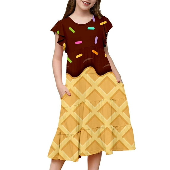Ice Cream Dresses for Girls 6-7 Years Coffee Girls Casual Boho Summer Dress with Off Shoulder and Backless Design for Special Events