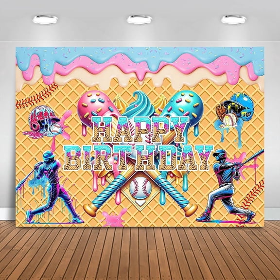 Ice Cream Drip Baseball Birthday Backdrop Baseball Ice Cream Happy Birthday Background Summer Sport Birthday Party Decorations Banner Photo Booth Props