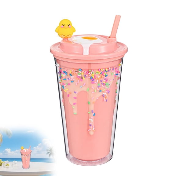 Ice Cream Drip Reusable Cups with Chickens Statue, Lids, and Straw, Iced Coffee Tumbler Cold Drinking Travel Mug Water Bottle Summer Party Supplies, for Picnic Party Birthday