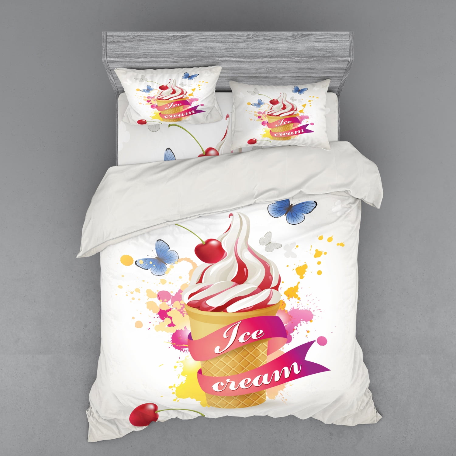 Ice Cream Duvet Cover Set, Butterflies Cherries and Color Splashes