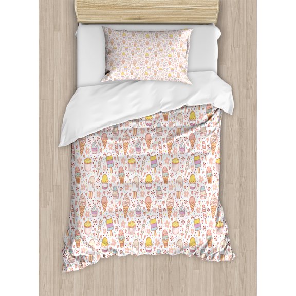 Ice Cream Duvet Cover Set, Candies and Yummy Heart Summer Flower Color Dots Design, Decorative 2 Piece Bedding Set with 1 Pillow Shams, Twin Size, Peach Coral Mint, by Ambesonne