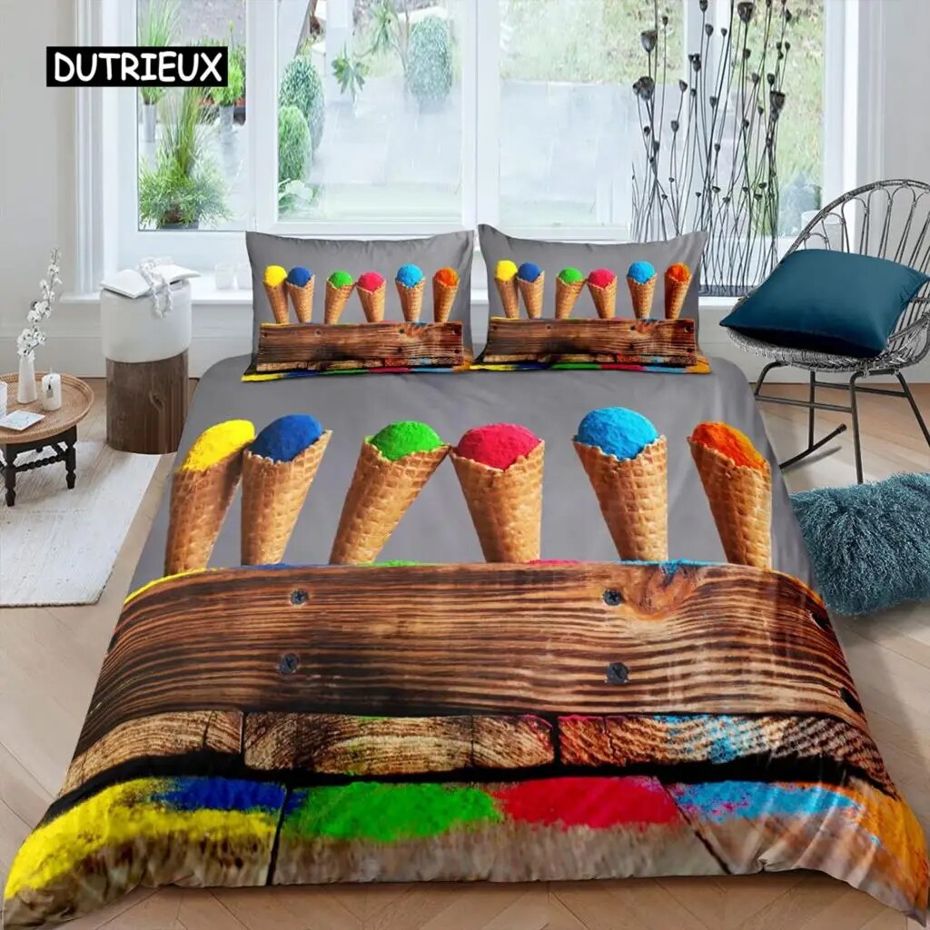 Ice Cream Duvet Cover Set Colourful Cartoon Cup Cake Cherry Lemon Fruit