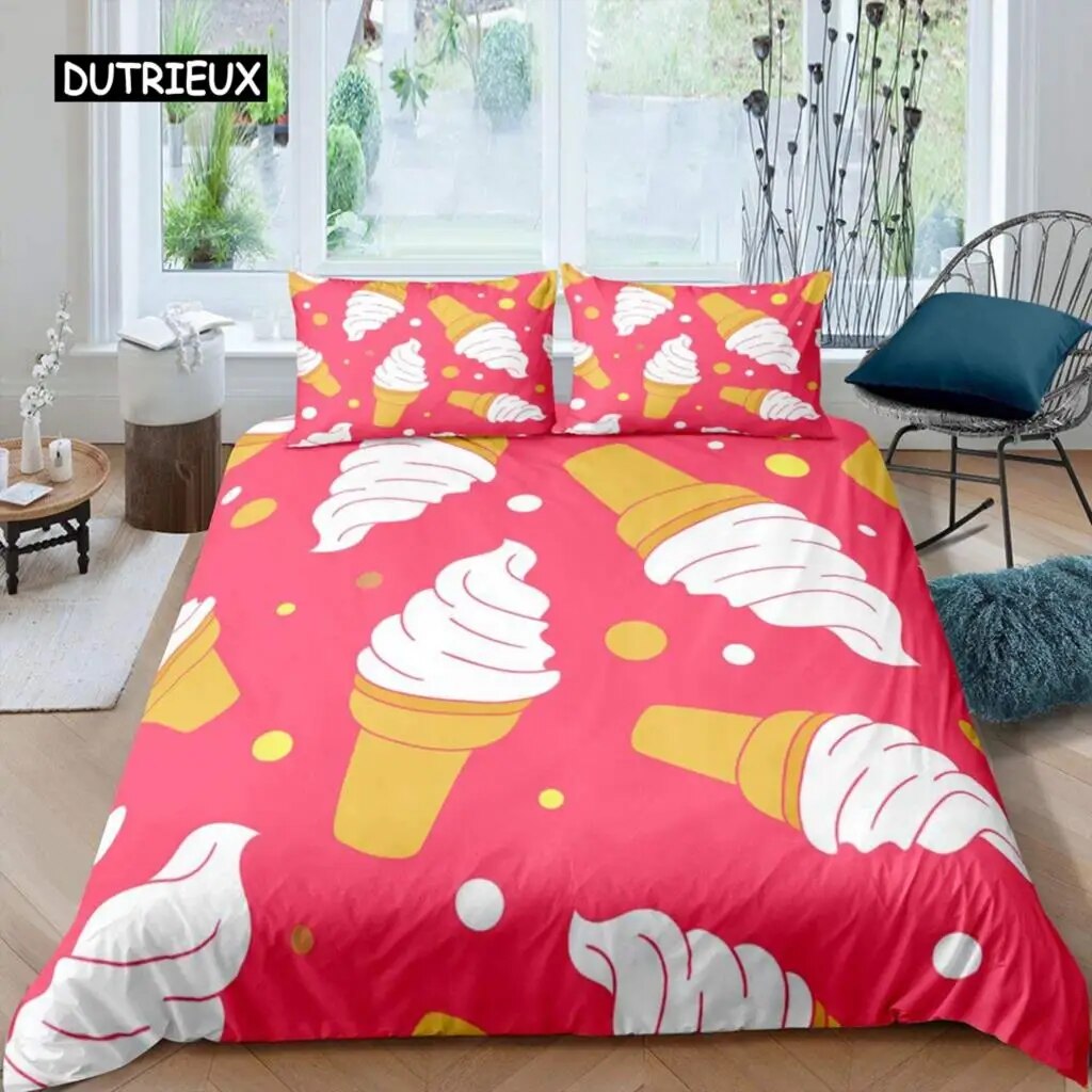 Ice Cream Duvet Cover Set Colourful Cartoon Cup Cake Cherry Lemon Fruit