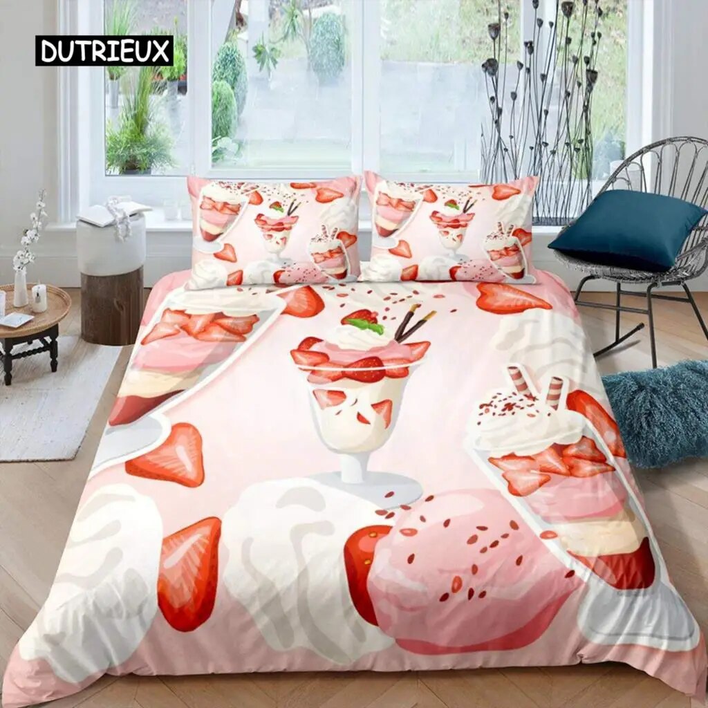 Ice Cream Duvet Cover Set Colourful Cartoon Cup Cake Cherry Lemon Fruit