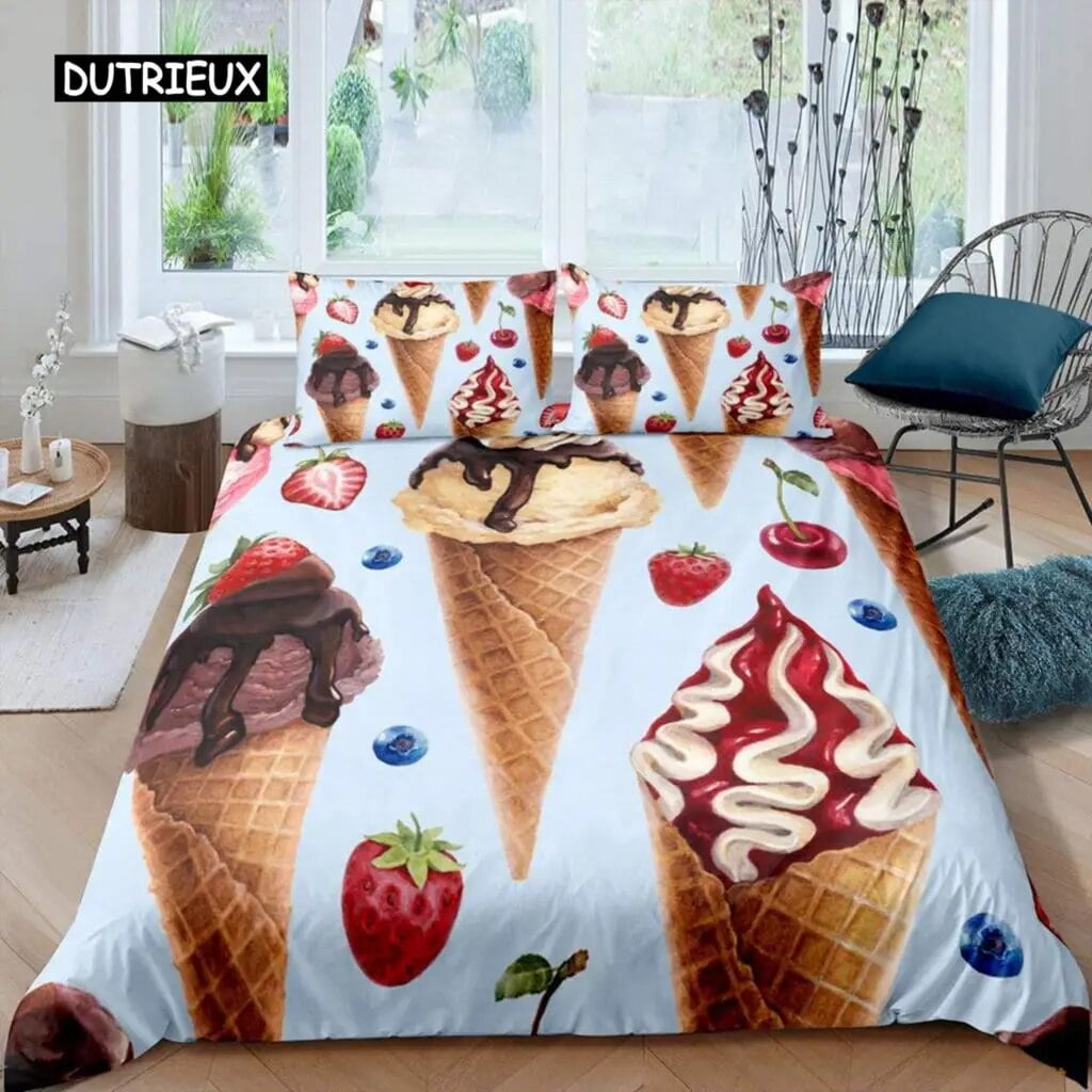 Ice Cream Duvet Cover Set Colourful Cartoon Cup Cake Cherry Lemon Fruit