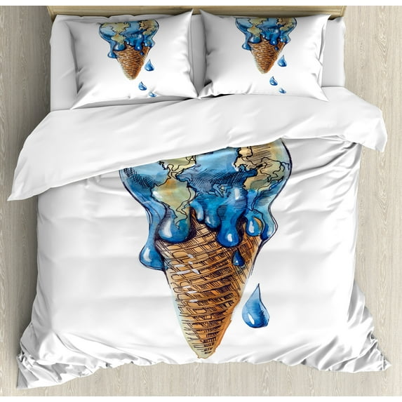 Ice Cream Duvet Cover Set, Dessert Globe Planet Earth Flavor Ecological Graphic Print, Decorative 3 Piece Bedding Set with 2 Pillow Shams, Queen Size, Pale Caramel Violet Blue, by Ambesonne