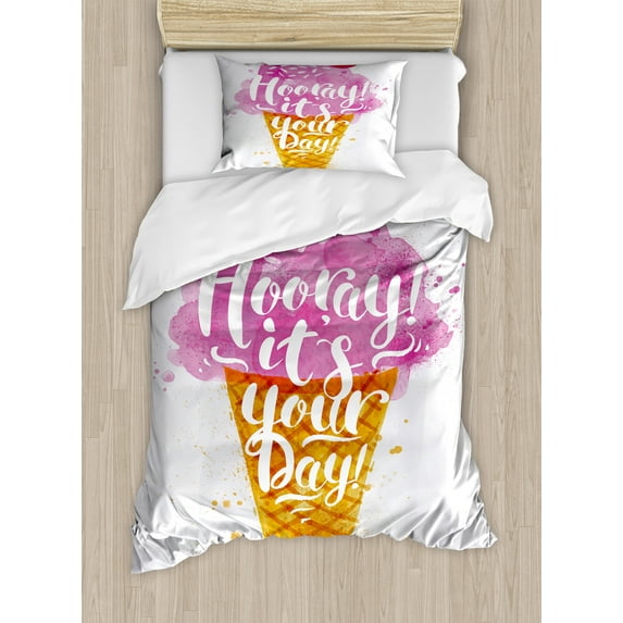Ice Cream Duvet Cover Set, Hooray! Its Your Day Phrase with Ice Cream Cone Cherry Flavor Print, Decorative 2 Piece Bedding Set with 1 Pillow Shams, Twin Size, Fuchsia Amber Pearl, by Ambesonne
