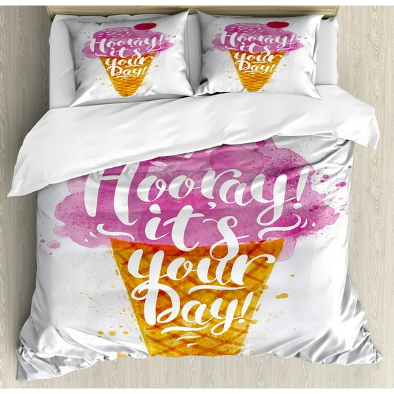 Ice Cream Duvet Cover Set, Hooray! Its Your Day Phrase with Ice Cream Cone Cherry Flavor Print, Decorative 3 Piece Bedding Set with 2 Pillow Shams, Calking Size, Fuchsia Amber Pearl, by Ambesonne