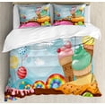 thumbnail image 1 of Ice Cream Duvet Cover Set King Size, Dessert Land with Rainbow Candies Lollipop Trees and Cupcake Mountains Cartoon, Decorative 3 Piece Bedding Set with 2 Pillow Shams, Multicolor, by Ambesonne, 1 of 3