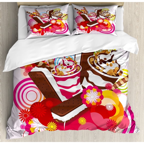 Ice Cream Duvet Cover Set King Size, Mixed Yummy Desserts with Exotic Flowers and Flavors Summer Taste Tropical Theme, Decorative 3 Piece Bedding Set with 2 Pillow Shams, Multicolor, by Ambesonne