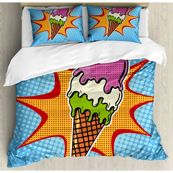 Ice Cream Duvet Cover Set King Size, Retro Pop Art Style Cone with Digital Dots Comic Lifestyle Old Fashioned Graphic, Decorative 3 Piece Bedding Set with 2 Pillow Shams, Multicolor, by Ambesonne