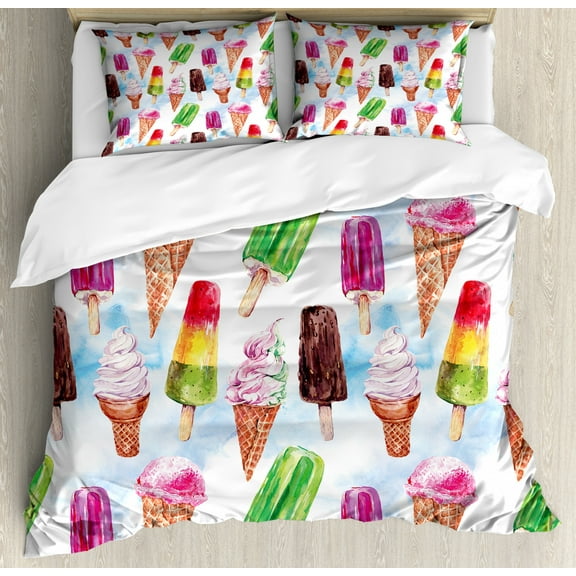 Ice Cream Duvet Cover Set King Size, Surreal Exotic Type Ice Cream Motif with Raspberry Kiwi Flavor Colorful Display, Decorative 3 Piece Bedding Set with 2 Pillow Shams, Multicolor, by Ambesonne
