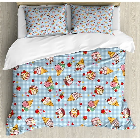 Ice Cream Duvet Cover Set King Size, Sweet Cherries on a Checkered Tartan Motif with Hearts Love Valentines Print, Decorative 3 Piece Bedding Set with 2 Pillow Shams, Multicolor, by Ambesonne