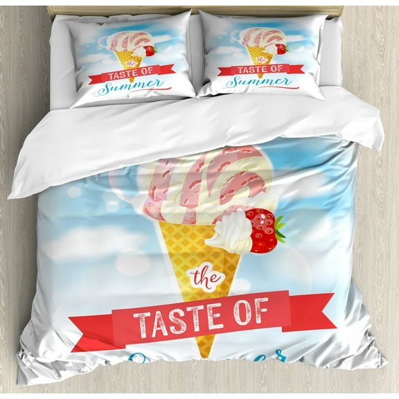 Ice Cream Duvet Cover Set King Size, The Taste of Summer Quote with Cone and Strawberry Clouds Inspirational Print, Decorative 3 Piece Bedding Set with 2 Pillow Shams, Multicolor, by Ambesonne