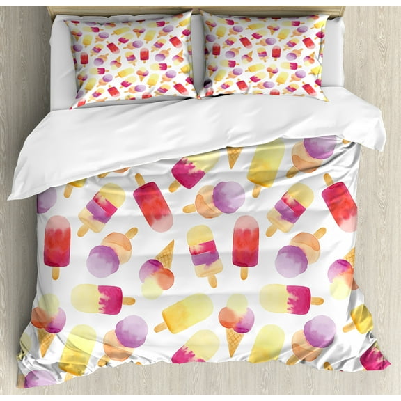 Ice Cream Duvet Cover Set, Watercolor Style Ice Cream with Cones in Pastel Toned Paintbrush Art, Decorative 3 Piece Bedding Set with 2 Pillow Shams, King Size, Multicolor, by Ambesonne