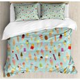 thumbnail image 1 of Ice Cream Duvet Cover Set, Mix Yummy Dessert Chocolate and Fruit Flavor Toppings Cones Illustration, Decorative 3 Piece Bedding Set with 2 Pillow Shams, Queen Size, Multicolor, by Ambesonne, 1 of 3