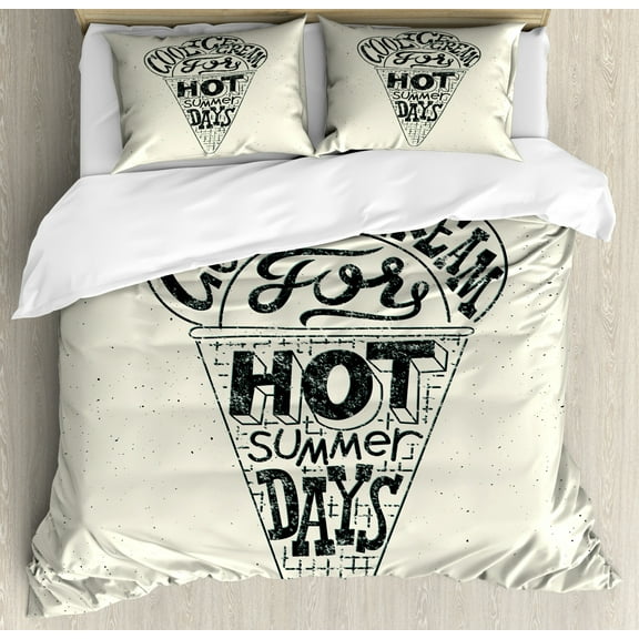 Ice Cream Duvet Cover Set, Grunge Style Cool Ice Cream for Hot Summer Days Words Lifestyle Print, Decorative 3 Piece Bedding Set with 2 Pillow Shams, Queen Size, Coconut Charcoal Grey, by Ambesonne