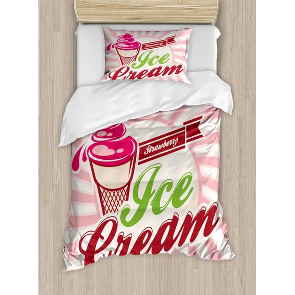 Ice Cream Duvet Cover Set, Retro Style Strawberry Ice Cream Logo in Soft Tones Homemade Pop Art, Decorative 2 Piece Bedding Set with 1 Pillow Shams, Twin Size, Hot Pink Maroon Cream, by Ambesonne
