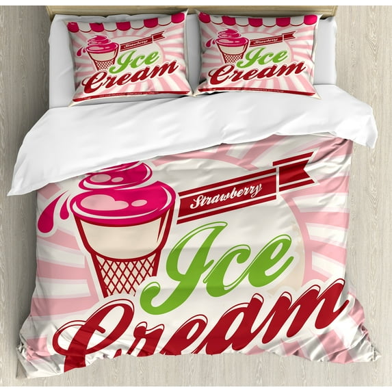 Ice Cream Duvet Cover Set, Retro Style Strawberry Ice Cream Logo in Soft Tones Homemade Pop Art, Decorative 3 Piece Bedding Set with 2 Pillow Shams, Calking Size, Hot Pink Maroon Cream, by Ambesonne