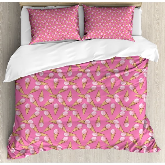 Ice Cream Duvet Cover Set, Summer Desserts in Pinkish Tones Waffle Cones Joy Strawberry Delicious, Decorative 3 Piece Bedding Set with 2 Pillow Shams, Calking Size, Pink and Pale Brown, by Ambesonne