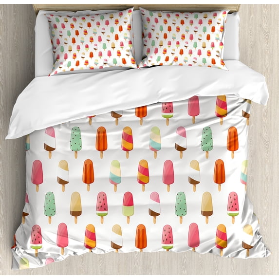 Ice Cream Duvet Cover Set, Watermelon Kiwi Orange Cherry and Chocolate Flavor Ice Cream Illustration, Decorative 3 Piece Bedding Set with 2 Pillow Shams, Queen Size, Multicolor, by Ambesonne