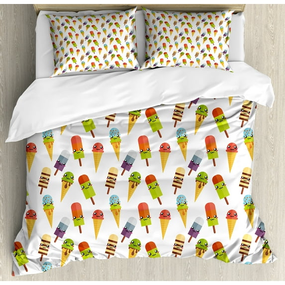Ice Cream Duvet Cover Set, Yummy Cones in Colorful Design with Faces Cartoon Design Print Illustration, Decorative 3 Piece Bedding Set with 2 Pillow Shams, King Size, Multicolor, by Ambesonne