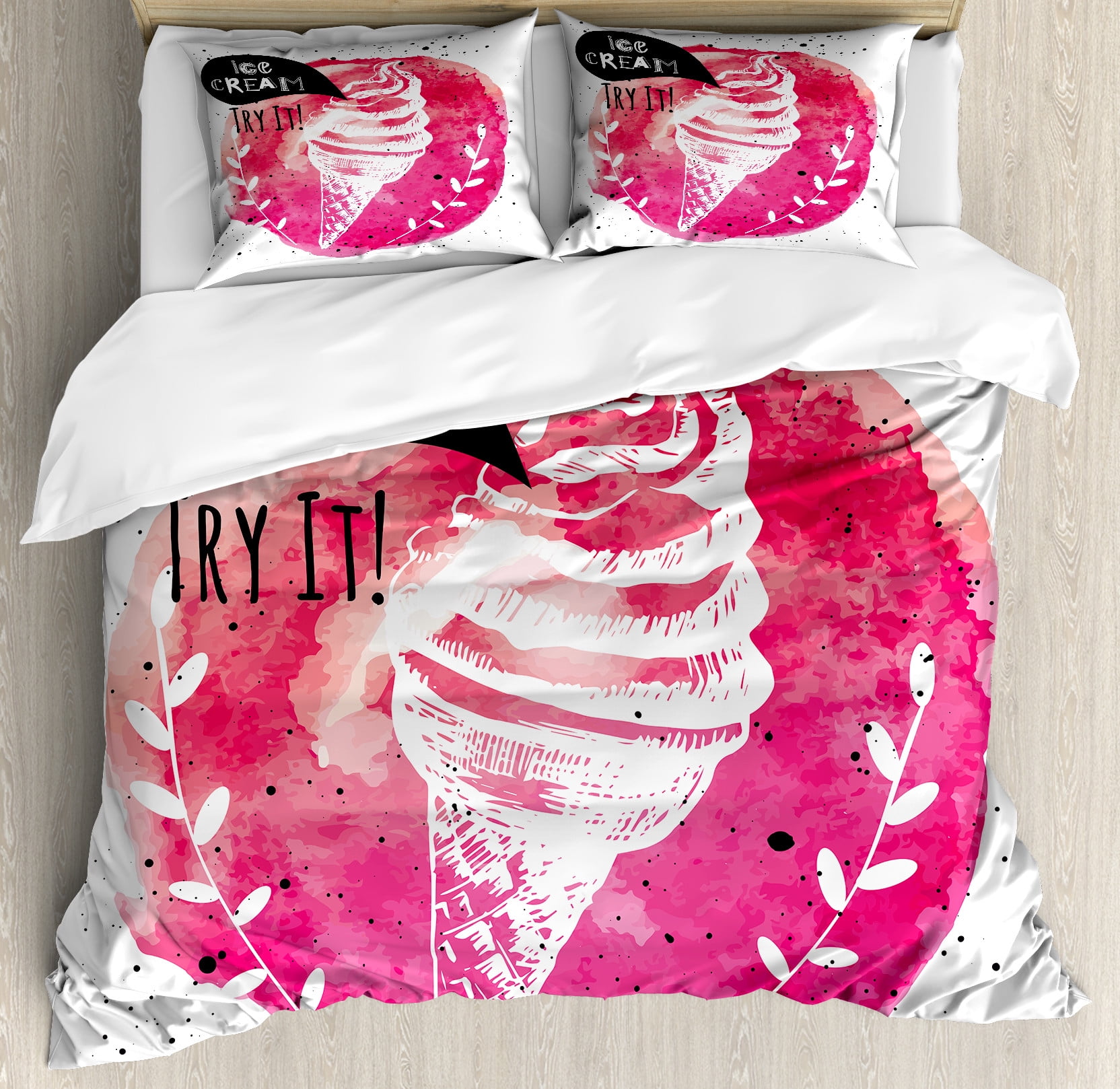 Ice Cream Duvet Cover Set, Yummy with Try It Words Paintbrush