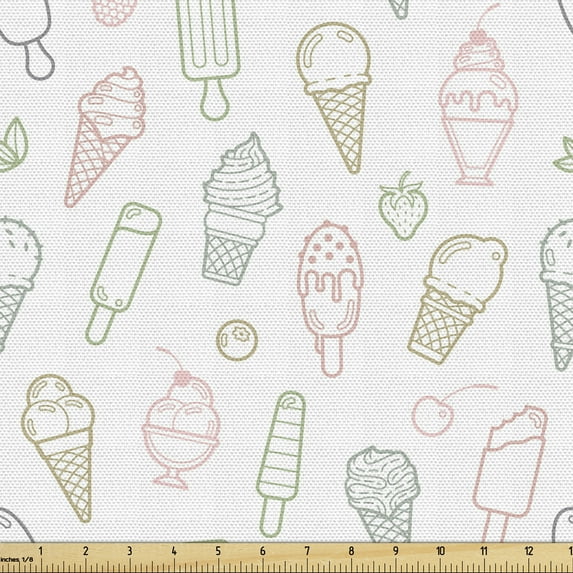 Ambesonne Ice Cream Fabric by the Yard Upholstery, Pastel Retro, 3 Yards, Multicolor