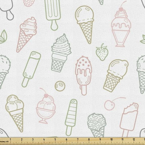 Ambesonne Ice Cream Fabric by the Yard Upholstery, Pastel Retro, 3 Yards, Multicolor