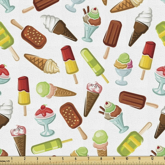 Ambesonne Ice Cream Fabric by the Yard Upholstery, Frozen Desserts, 3 Yards, Multicolor