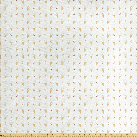 Ambesonne Ice Cream Fabric by the Yard Upholstery, Kitty Cones, 5 Yards, Mustard White